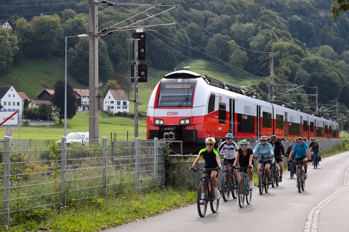 Cyclists alongside the railway line